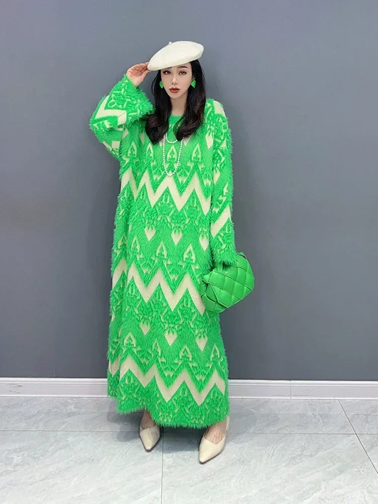 XITAO Knitting Geometric Pullover Dresses O-neck Loose Long Sleeve Mid-calf Sweaters Dress Spring New Fashion All Match DMJ2875