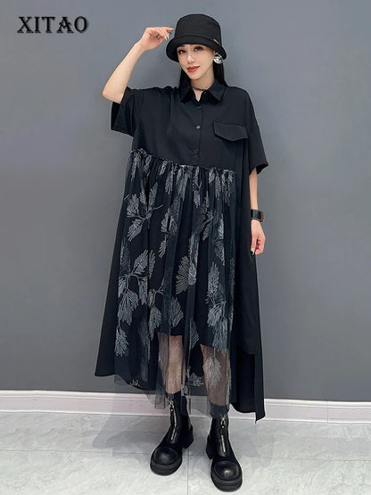 XITAO Asymmetrical Gauze Patchwork Black Shirt Dress Loose Fashion Short Sleeve Single Breasted Dress Summer New ZY8789