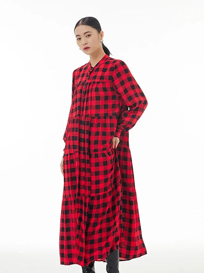 XITAO Plaid Patchwork Stand Collar Dresses Contrast Color Single Breasted Loose Mid-calf Slimming Long Sleeve Dress New DMJ3419