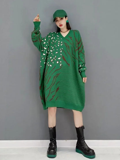 XITAO Casual Knitting Dress 2024 Spring New Arrival Fashion Loose Temperament V-neck Long Sleeve Mid-length Women WMD3967