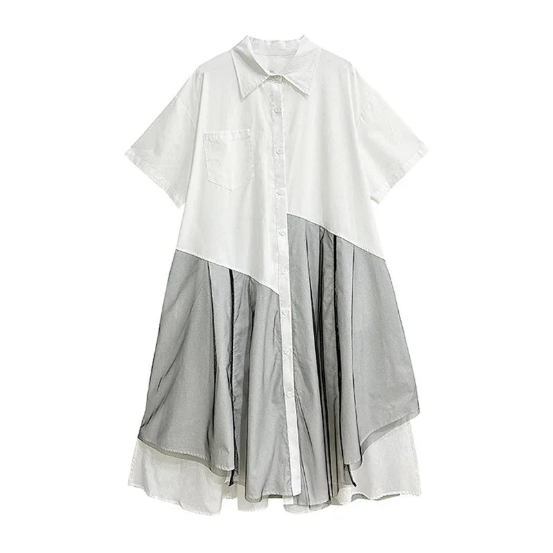 XITAO Gauze Patchwork Short Sleeve Shirt Dress Irregular Temperament Loose Casual Solid Color 2024 Women New Dress ZY8658