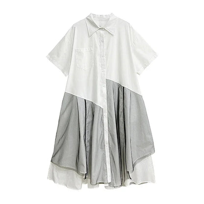 XITAO Gauze Patchwork Short Sleeve Shirt Dress Irregular Temperament Loose Casual Solid Color 2024 Women New Dress ZY8658