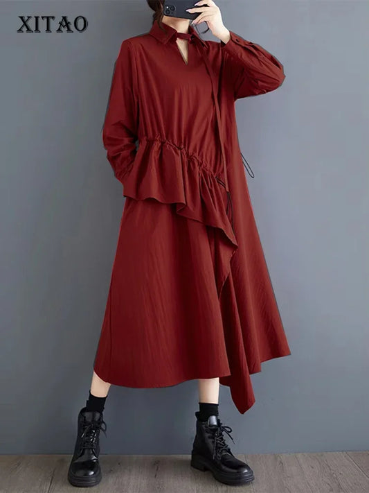 XITAO Asymmetrical Flounced Edge Female Dress Solid Color Loose Casual Pullover Mid-calf Dresses 2024 Autumn New GYX1049