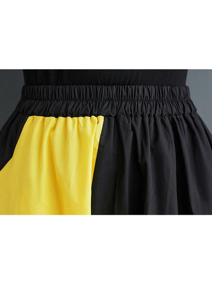 XITAO Elastic Waist Contrast Color Pocket Skirts Patchwork A-line Mid-calf Loose Slimming Skirts Spring Casual New DMJ3860