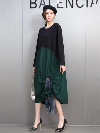 XITAO Patchwork Contrast Color Pleated Mesh Dress Casual Irregular A-line O-neck Full Sleeve Loose Fitting Autumn Dress GMM1330