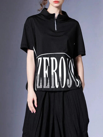 XITAO Letter Zipper Patchwork Stand Collar T-shirts Solid Color Pullover Short Sleeve Loose Casual Tops New ZY8796