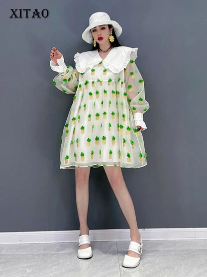 XITAO Patchwork Print Dress Women Korea Summer New Personality Fashion Loose Peter Pan Collar Full Sleeve Dress WMD5363