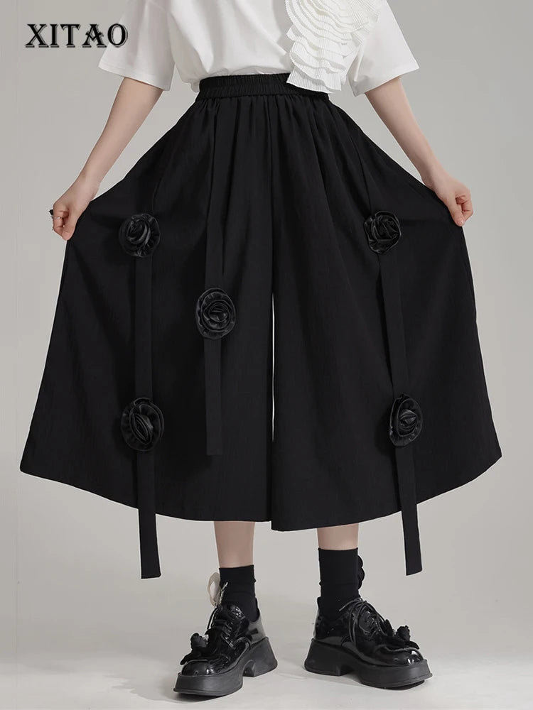 XITAO Black Casual Wide Leg Pants Personality Three-dimensional Flower Splicing Decoration Women Pants 2024 Summer New LYD1890