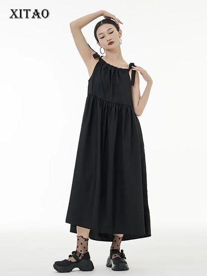 XITAO Bow Camisole Dress Solid Color Folds Splicing O-neck A-line Hem Summer New Simplicity Casual Loose Women Dress WMD7284