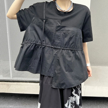 XITAO Black Asymmetrical Casual T-shirt Drawstring Splicing Loose Fashion Trendy Street Women Top Summer New ZY8816