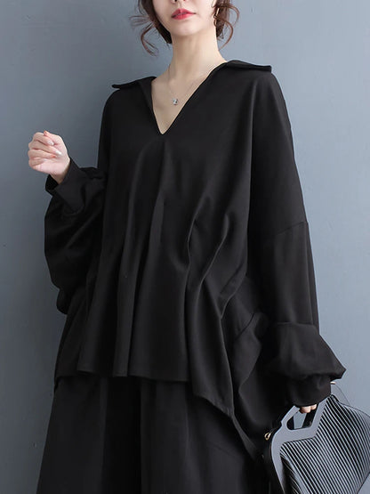 XITAO Black Casual Folds Women Blouse V-neck Collar Loose Top Batwing Sleeve Pullover Shirt Spring Simplicity New LYD1506