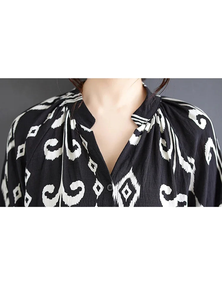 XITAO Print V-neck Single Breasted Shirt Dress Long Sleeve Fashion Loose A-line Mid-calf All Match Dress 2024 Autumn New GYX1031