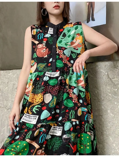 XITAO Print Pattern Dress Pleated Goddess Fan Casual Style Sleeveless 2024 Summer Minority Elegant Pleated Dress WMD7044