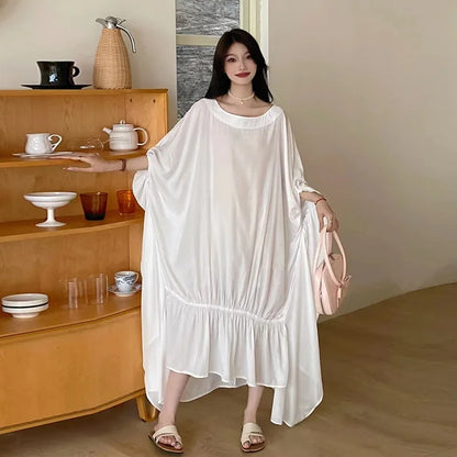 XITAO Asymmetrical Flounced Edge Folds Dress Solid Color Pullover Batwing Sleeve Fashion Slimming Summer New Casual ZY8835