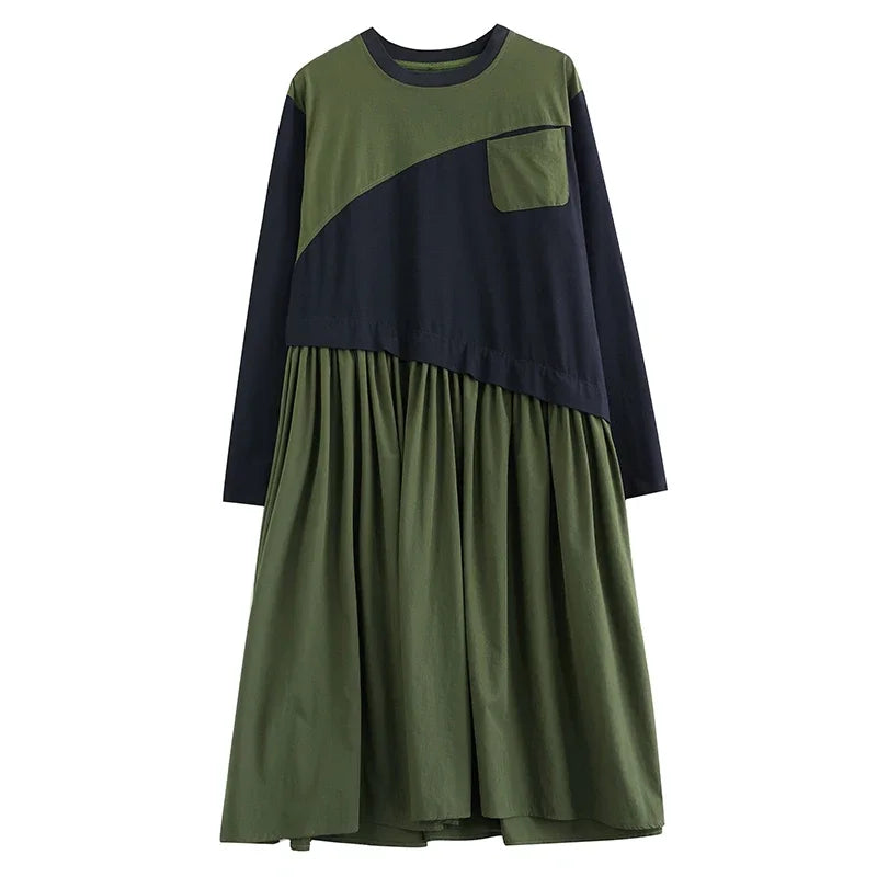 XITAO Patchwork Color O-neck Women Dress Casual 2024 New Autumn Long Sleeve All Match Pullover A-line Mid Calf Dress GYX1040