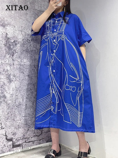 XITAO Casual Loose Shirt Dress Loose Fashion Summer New Short Turn-down Collar Single Breasted Contrast Color Dress WMD6212