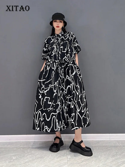 XITAO Fashion Print Shirt Dress Loose Casual Short Sleeve Turn-down Collar Bandage Dress Simplicity Temperament New WLD6893