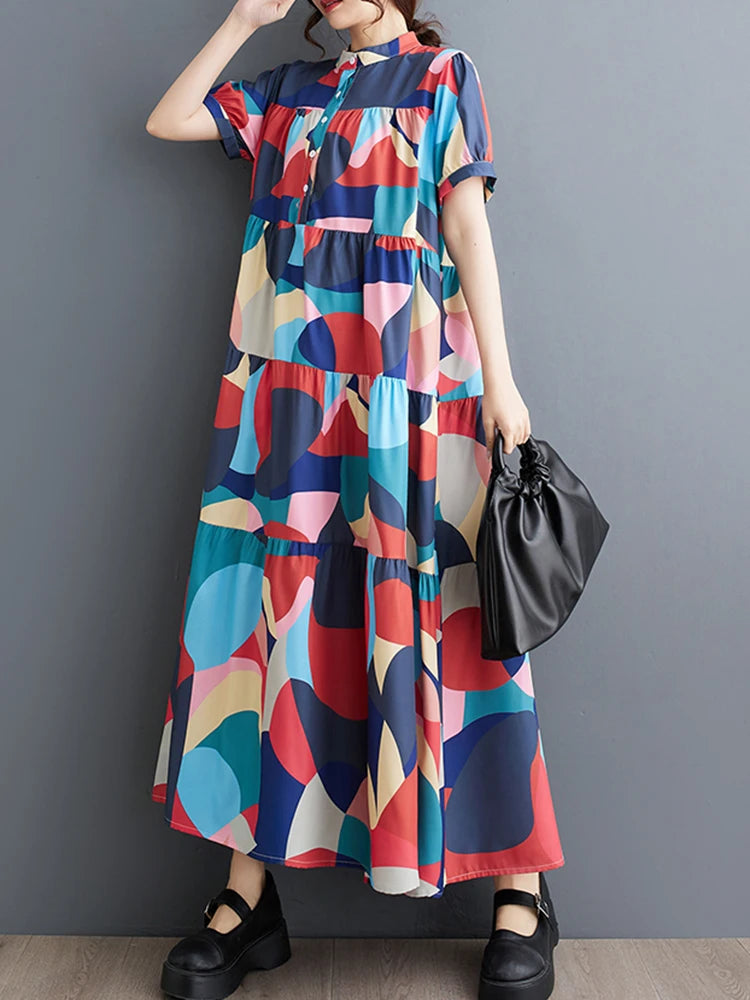 XITAO Short Sleeve Print Casual Loose Dress Stand Collar Slimming Literature and Art All-match 2024 Women New Dress DMJ4100