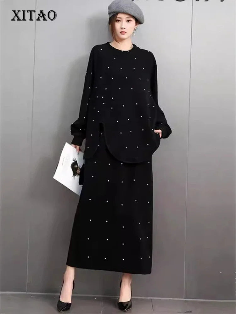 XITAO Loose Irregular O-neck Knitted Two-piece Set Solid Color Long Sleeve Top Women Casual Elastic Waist Simple Skirt GMM1295