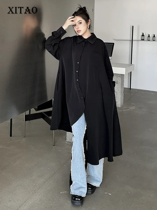 XITAO Irregular Single Breasted Buckle Shirt Collar Dress Solid Color A-line Full Sleeve Mid-calf Autumn Women Dress GMM1161