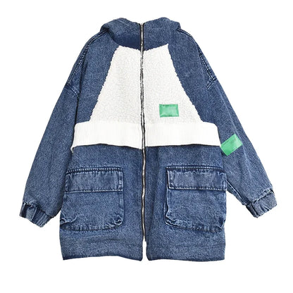 XITAO Plush Splicing Denim Coat Contrast Color Fashion Keep Warm Hooded Collar Coat Spring New Loose All-match WLD6572