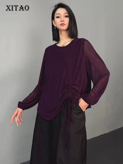 XITAO Shirring Gauze Asymmetrical T-shirts Solid Color Split Patchwork Pullover Long Sleeve Tops 2024 Autumn All Match HQQ2408