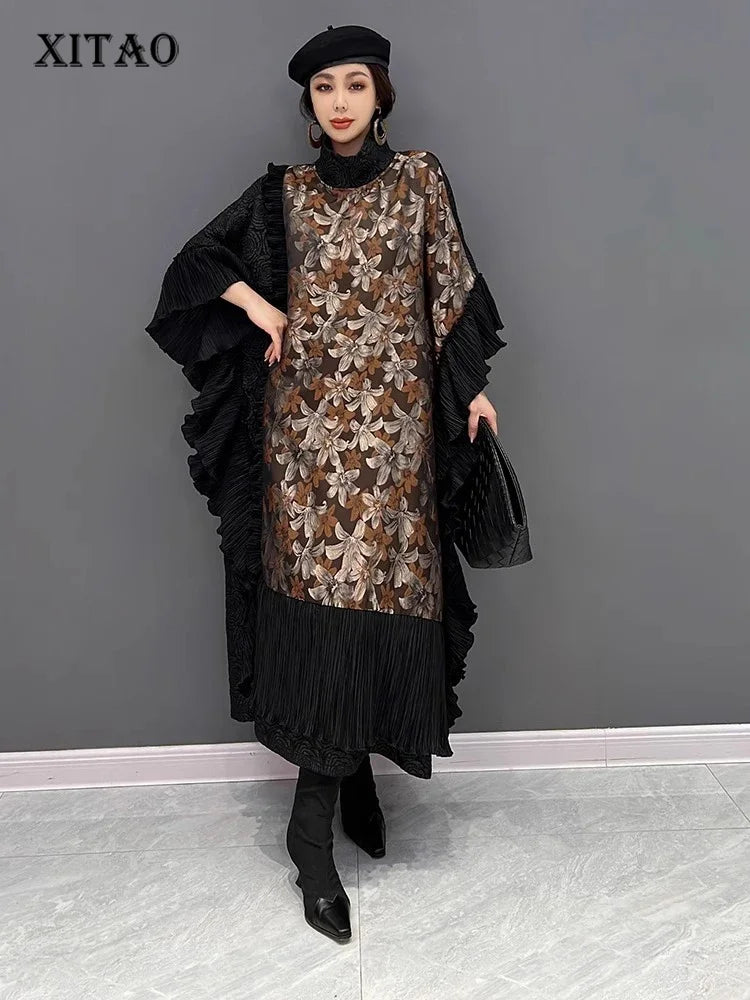 XITAO Print Contrast Color Patchwork Batwing Sleeve Dresses Pullover Loose Slimming Mid-calf A-line Fashion Dress Autumn LJ1091