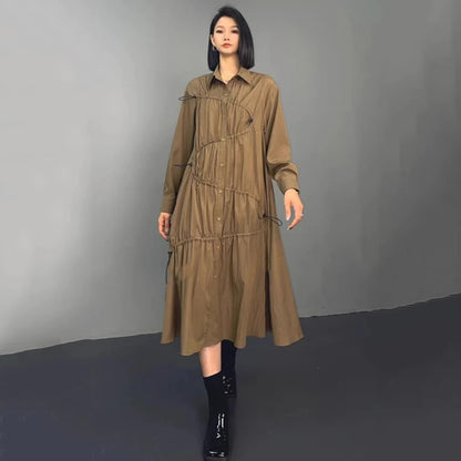 XITAO Loose Solid Draw Pleated Shirt Dress Single Breasted Turn-down Collar Mid-calf Full Sleeve Casual All Match Dress ZYY1004