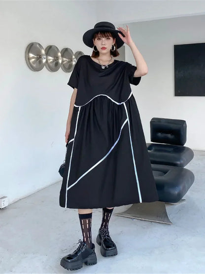 XITAO Pleated Dress Striped Pullover Half Sleeve Goddess Fan Casual Style 2024 Summer Minority Loose Elegant Dress WMD7034