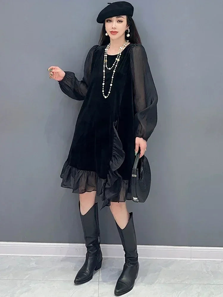 XITAO O-neck Patchwork Mesh Dress Pullover Casual Loose Solid Color Simplicity Goddess Style Fashion Women New DMJ3525