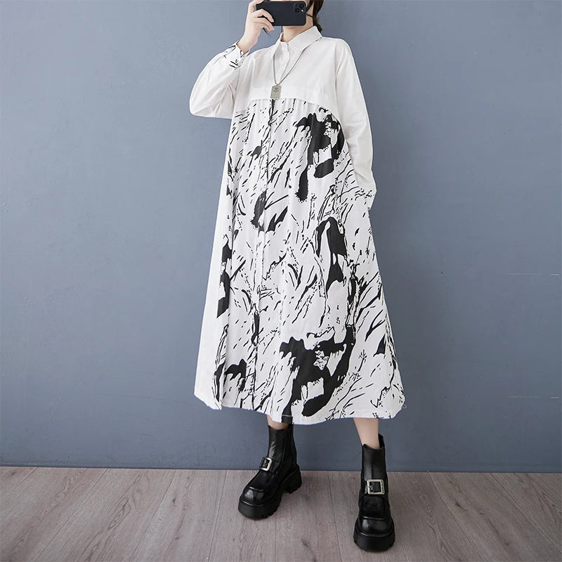 XITAO Patchwork Print Tie-dye Single Breasted Dress Casual Fashion New A-line Full Sleeve Lapel Autumn Female Dress GMM1218