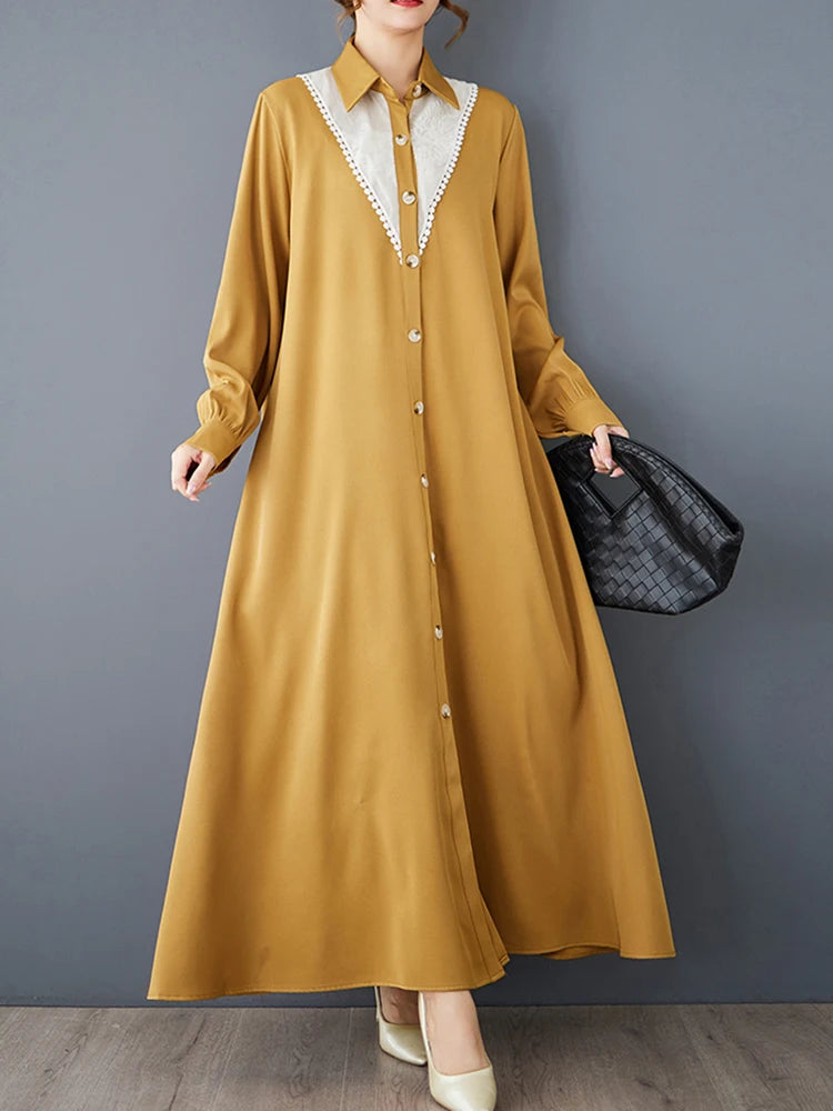 XITAO Mesh Patchwork Contrast Color Turn-down Collar Dress Casual A-line Solid Color Full Sleeve Autumn Women Dress GMM1144