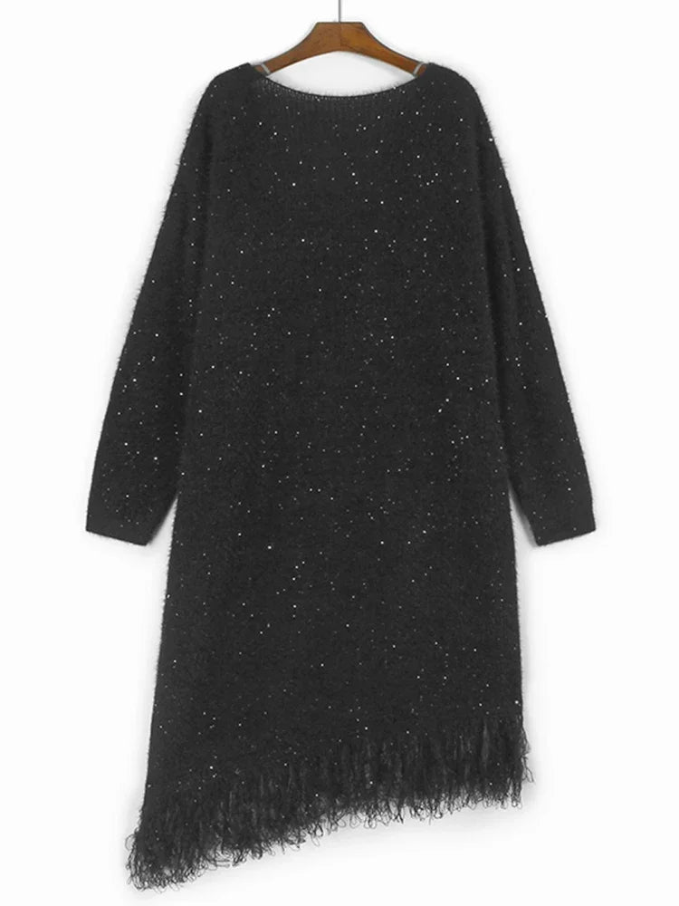 XITAO Sequin Tassel Knitting V-neck Dress Solid Color Long Sleeve Pullover Loose Casual Slimming Temperament All Match GMM1263