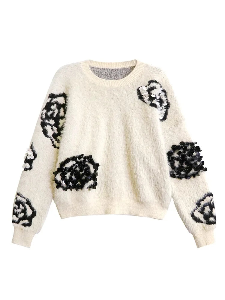 XITAO Autumn New Flower Solid Sweater Elegant Loose Full Sleeve Pullover Sequined O-neck Temperament Women Sweater ZYY1021