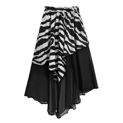 XITAO Asymmetrical Skirt Fashion Stripe Splicing Perspective Chiffon Skirt 2024 Summer New Personality A-line Women WLD20174