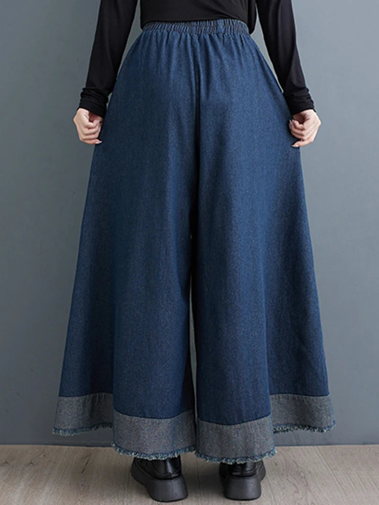 XITAO Contrast Color Cowboy Wide Leg Pants All-match Loose Elastic Waist Casual Fashion Temperament Slimming Pants ZY8891