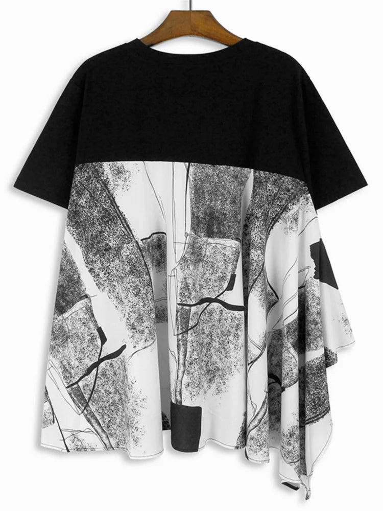 XITAO Print Patchwork Asymmetrical T-shirts O-neck Loose Short Sleeve Loose Slimming Casual Tops 2024 Summer New GJ1020