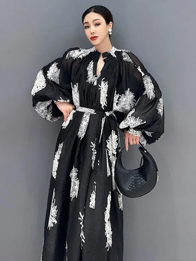 XITAO Loose Print Dress Fashion Temperament Elegant Goddess Fan Women Autumn New Arrival V-neck Appear Thin Dress HQQ1452