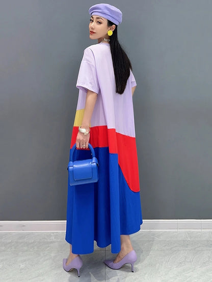 XITAO Loose Patchwork O-neck Female Dress Fashion Contrast Color Women Summer New Casual Irregular Simplicity Dress ZY8757