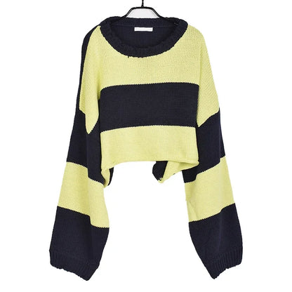 XITAO Spring 2024 New Women Sweater Fashion Contrast Color Knitting Stripe Splicing Pullover Top Loose All-match LDD2222