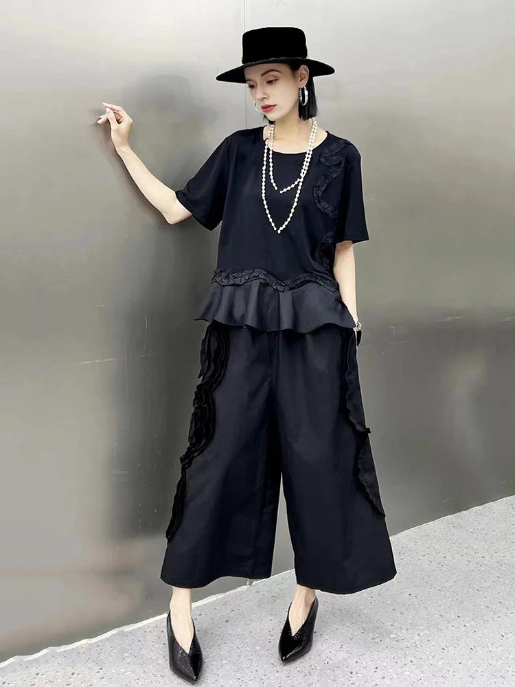 XITAO Black Women Casual Sets Loose Fashion Ruffles T-shirt Top Edible Tree Fungus Splicing Decoration Pants Sets GJ1014