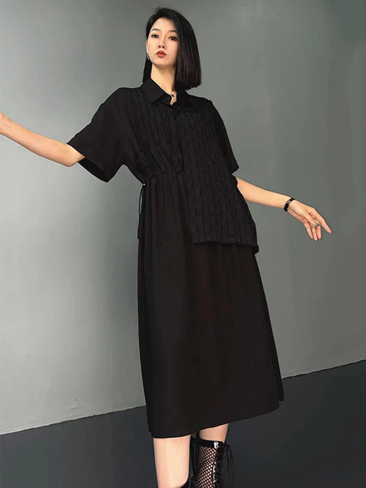 XITAO Asymmetrical Patchwork Dress Fashion False Two Pieces Draw String Turn-down Collar Shirt Dress 2024 Summer New WLD20146