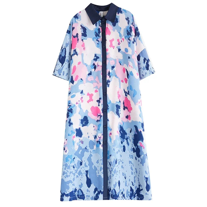 XITAO Fashion Casual Print Dress Loose Fashion Turn-down Collar Women Shirt Dress Summer New Temperament Shirt Dress WLD16704