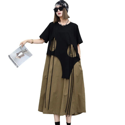 XITAO Hollow Out False Two Pieces Dress Contrast Color Loose Personality Asymmetrical Patchwork T-shirt Dress Summer New LYD1895