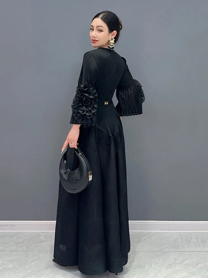 XITAO Tassel Solid Pleated Dress V-neck Three Quarter Sleeve Pullover Temperament Elegant Fashion Women A-line Dress LYD1749