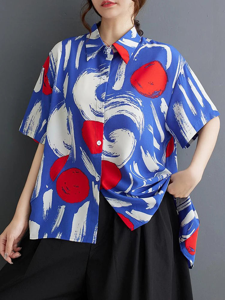 XITAO Asymmetrical Women Casual Shirt Contrast Color Fashion Print Turn-down Collar Short Sleeve Top Summer New WLD20201