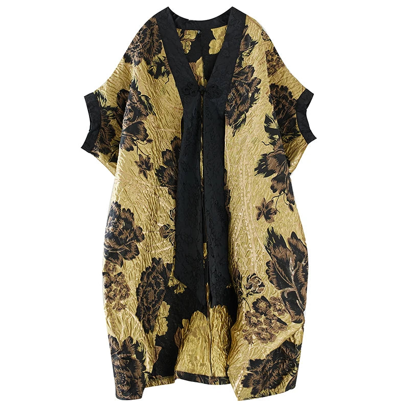 XITAO Bat Wing Sleeve Female Trench Flowers New Chinese Style Women Yellow Patchwork Vintage Loose Winter Coat DMJ3790