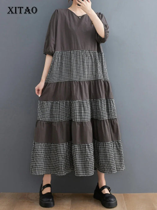 XITAO Vintage Style Fashion Temperament Dress Appear Thin Summer Minority Loose Elegant Solid Color Casual Dress HQQ0464