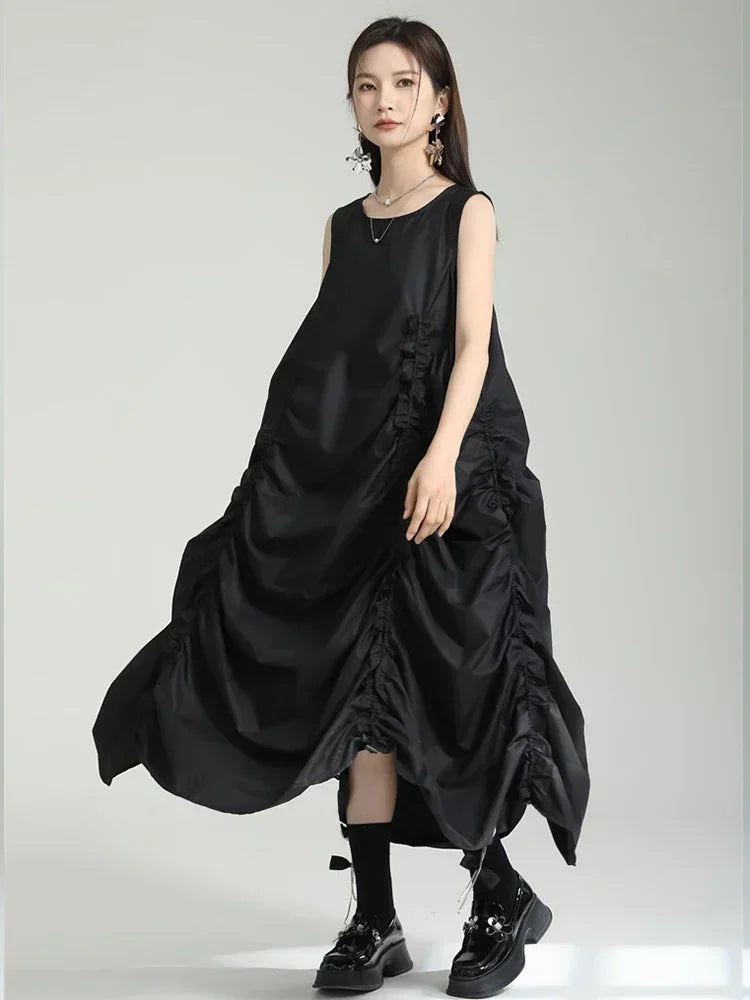 XITAO Solid Pleated Dress Women Korea 2023 Summer New Arrival Personality Fashion Loose O-neck Sleeveless Dress WMD5840