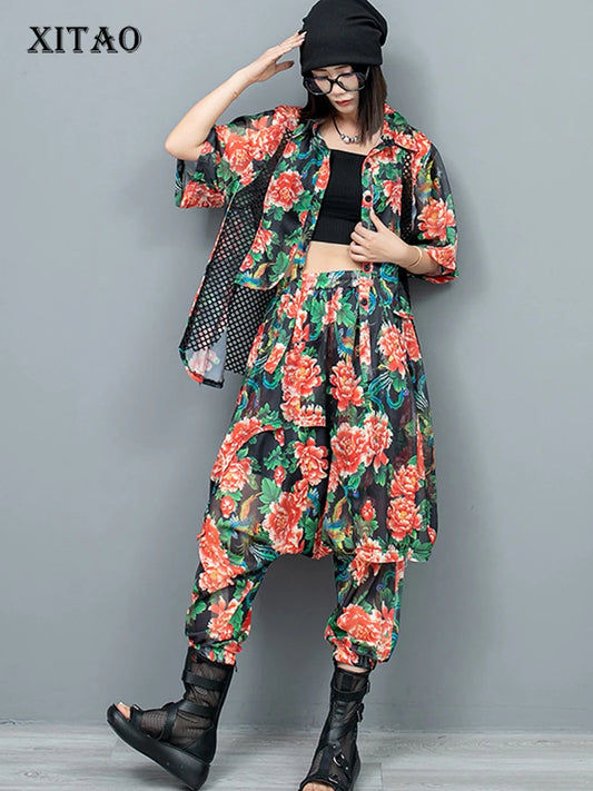 XITAO Hooded Out Women Pant Sets Personality Patchwork Big Flower Print Irregular Top Pants Two Pieces Sets Street Trendy ZY8691